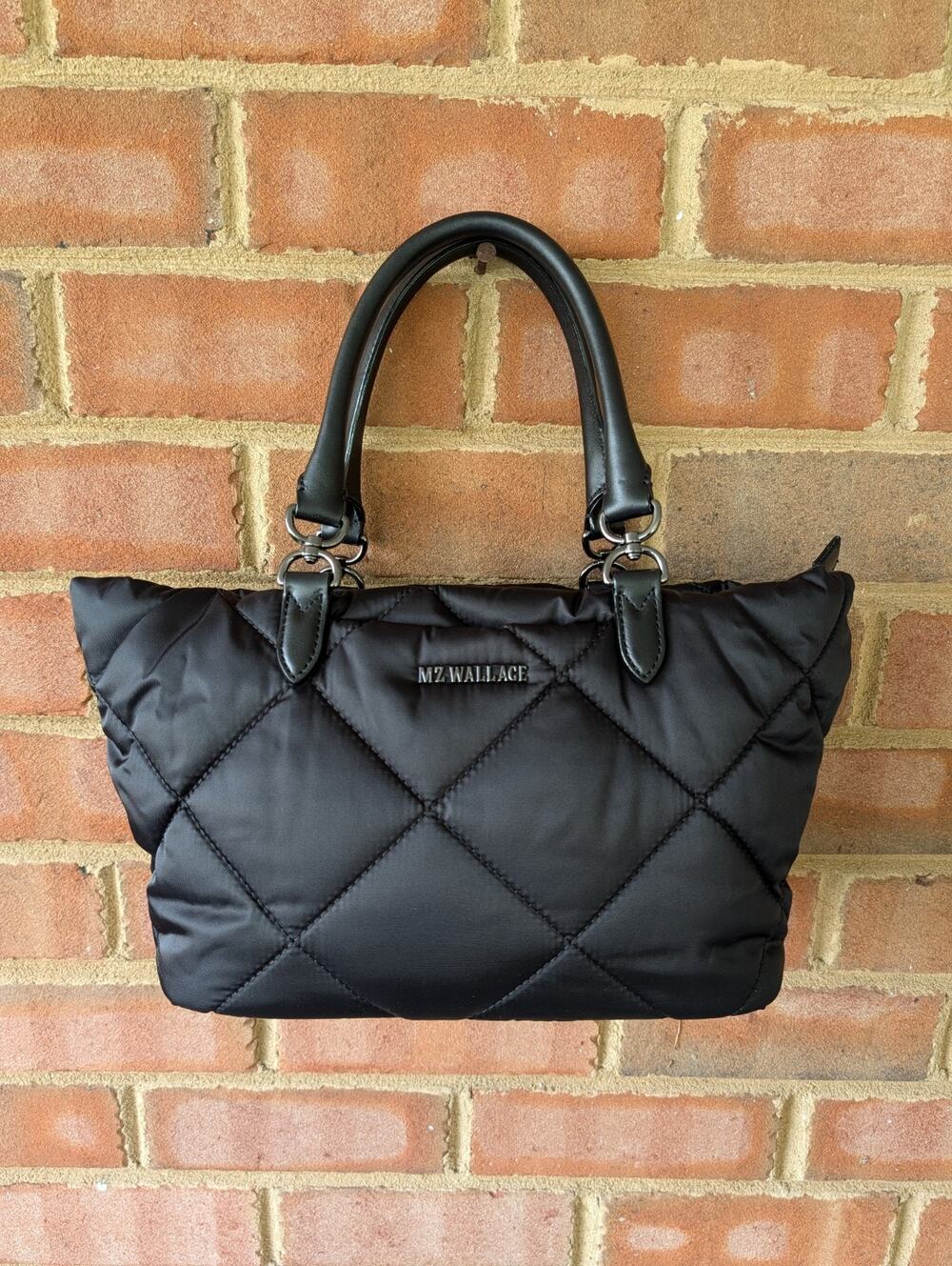 MZ Wallace Black Small Madison East West Quilted Nylon Tote Purse Bag Top Handle